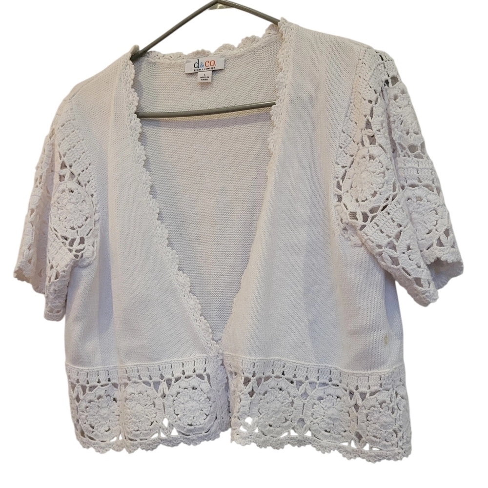 Denim & Co White Knit Sweater Shrug L Lacy Accents